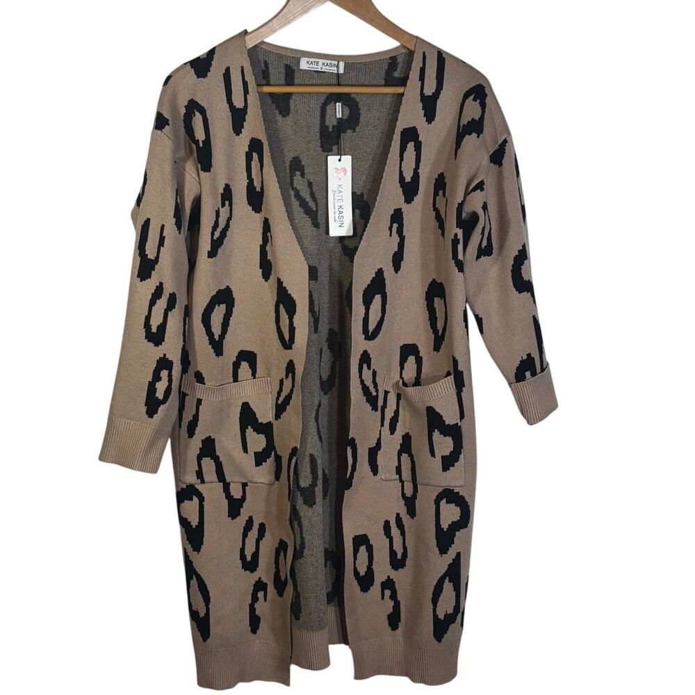 NWT Kate Kasin Open Front Animal Print Cardigan Sweater Long Size Small Pockets
